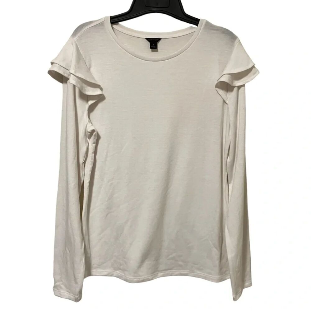 Ann Taylor Shoulder Ruffle White Long Sleeve Top Medium Capsule Piece